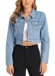 Women’s Cropped Jean Denim Jacket Button Down Long Sleeve with Pockets