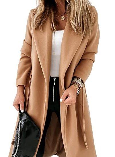 Womens Classic Coat Lapel Collar Open Front Belted Long Jacket