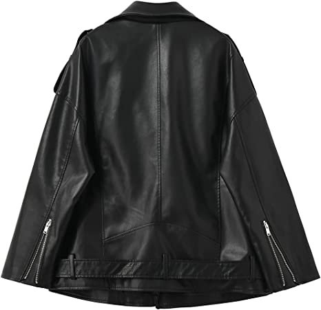 Women Faux Leather Jacket Lapel Collar Motorcycle Zip Up Long Sleeve Motor Biker Short Coat Jacket