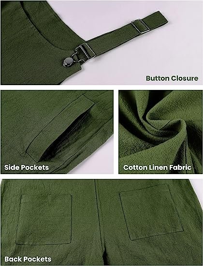 Women's Cotton Linen Short Overalls Cute Bib Shortalls Rompers with Pockets