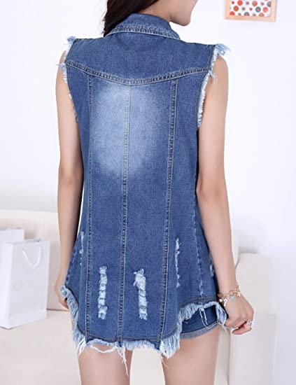 Women's Sleeveless Button Down Ripped Denim Jean Vest Waistcoat Jacket